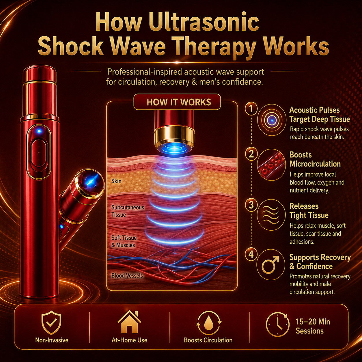 Advanced Acoustic Shockwave Therapy restores penile tissue health to enhance rise rigidity⬆️, stamina, and male performance confidence, relieving muscle pain, joint stiffness, tendon discomfort