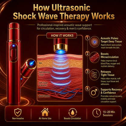 Advanced Acoustic Shockwave Therapy restores penile tissue health to enhance rise rigidity⬆️, stamina, and male performance confidence, relieving muscle pain, joint stiffness, tendon discomfort