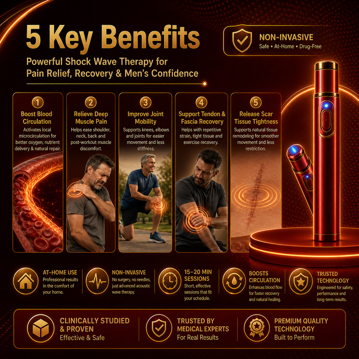 Advanced Acoustic Shockwave Therapy restores penile tissue health to enhance rise rigidity⬆️, stamina, and male performance confidence, relieving muscle pain, joint stiffness, tendon discomfort