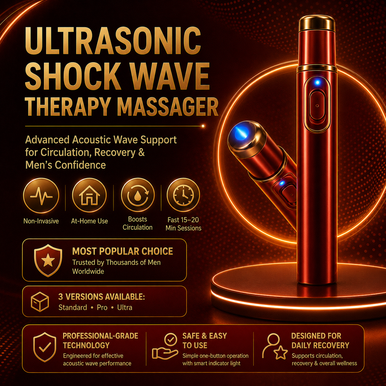 Advanced Acoustic Shockwave Therapy restores penile tissue health to enhance rise rigidity⬆️, stamina, and male performance confidence, relieving muscle pain, joint stiffness, tendon discomfort